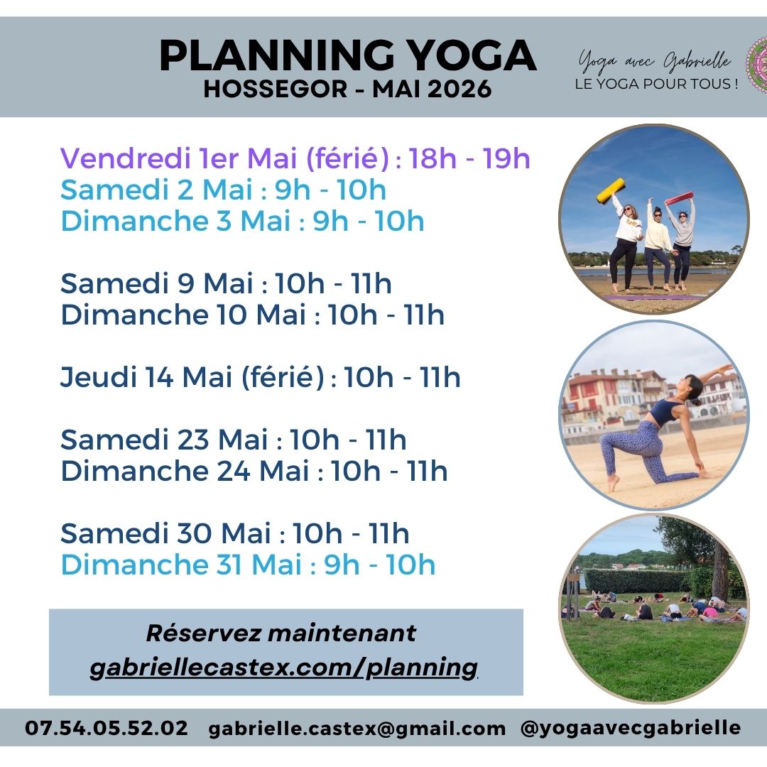 Planning Mai 2026 Yoga avec Gabrielle Hossegor